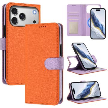 Funda de cartera extraíble para iPhone 17 Pro con MagSafe, protección RFID y correa de mano - Naranja / Morado