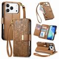 Funda para iPhone 17 Pro con estampado de flores y hojas, bolsillo con cremallera y correa para la muñeca - Marrón