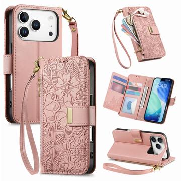Funda iPhone 17 Pro con estampado de flores y hojas, bolsillo con cremallera y correa para la muñeca - Rosa