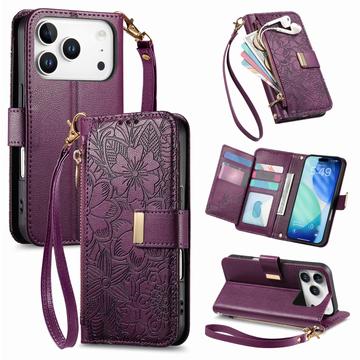 Funda iPhone 17 Pro con estampado de flores y hojas, bolsillo con cremallera y correa para la muñeca - Violeta