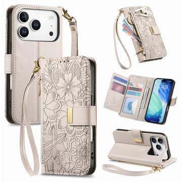 Funda iPhone 17 Pro con estampado de flores y hojas, bolsillo con cremallera y correa para la muñeca - Blanco