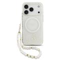 Funda con correa de perlas iPhone 17 Pro Guess IML Flowers Allover Electro - Compatible con MagSafe - Blanco