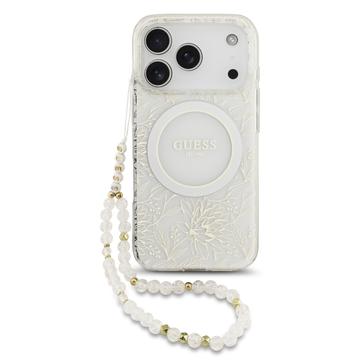 Funda con correa de perlas iPhone 17 Pro Guess IML Flowers Allover Electro - Compatible con MagSafe - Blanco