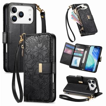 Funda iPhone 17 Pro Max con estampado de flores y hojas, bolsillo con cremallera y correa para la muñeca