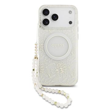 Funda con correa de perlas iPhone 17 Pro Max Guess IML Flowers Allover Electro - Compatible con MagSafe - Blanco