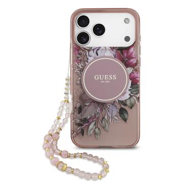 Funda con correa de perlas iPhone 17 Pro Max Guess IML Flowers - Rosa