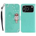 iPhone 17 Pro Max Búho Rhinestone Funda billetera - Cian