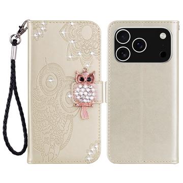 iPhone 17 Pro Max Búho Rhinestone Funda Billetera - Oro