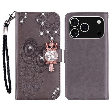 iPhone 17 Pro Búho Rhinestone Funda Billetera - Gris