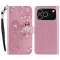 iPhone 17 Pro Búho Rhinestone Funda billetera - Oro rosa