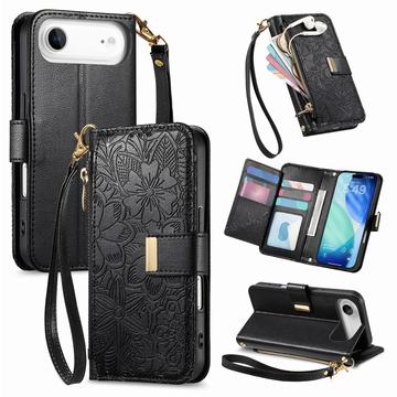 Funda iPhone Air con estampado de flores y hojas, bolsillo con cremallera y correa para la muñeca