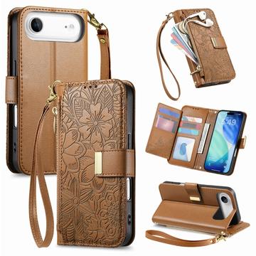 Funda para iPhone Air con estampado de flores y hojas, bolsillo con cremallera y correa para la muñeca - Marrón