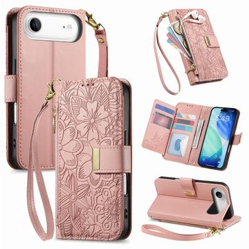Funda iPhone Air con estampado de flores y hojas, bolsillo con cremallera y correa para la muñeca - Rosa
