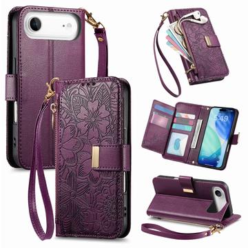 Funda iPhone Air con estampado de flores y hojas, bolsillo con cremallera y correa para la muñeca - Violeta